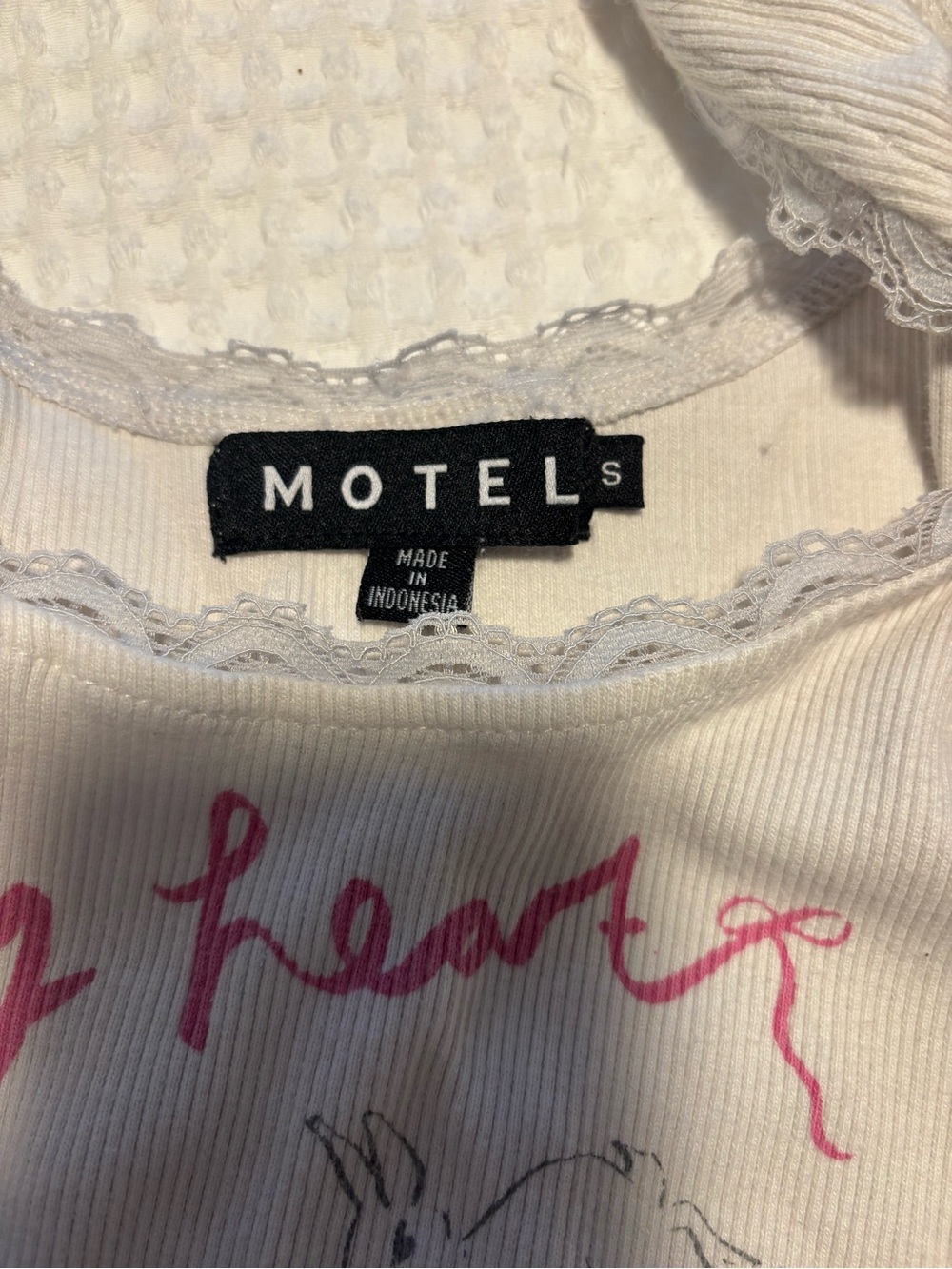 Motel Rocks White Ribbed Lace-Trim Tank with Pink Script - Picture 2 of 2